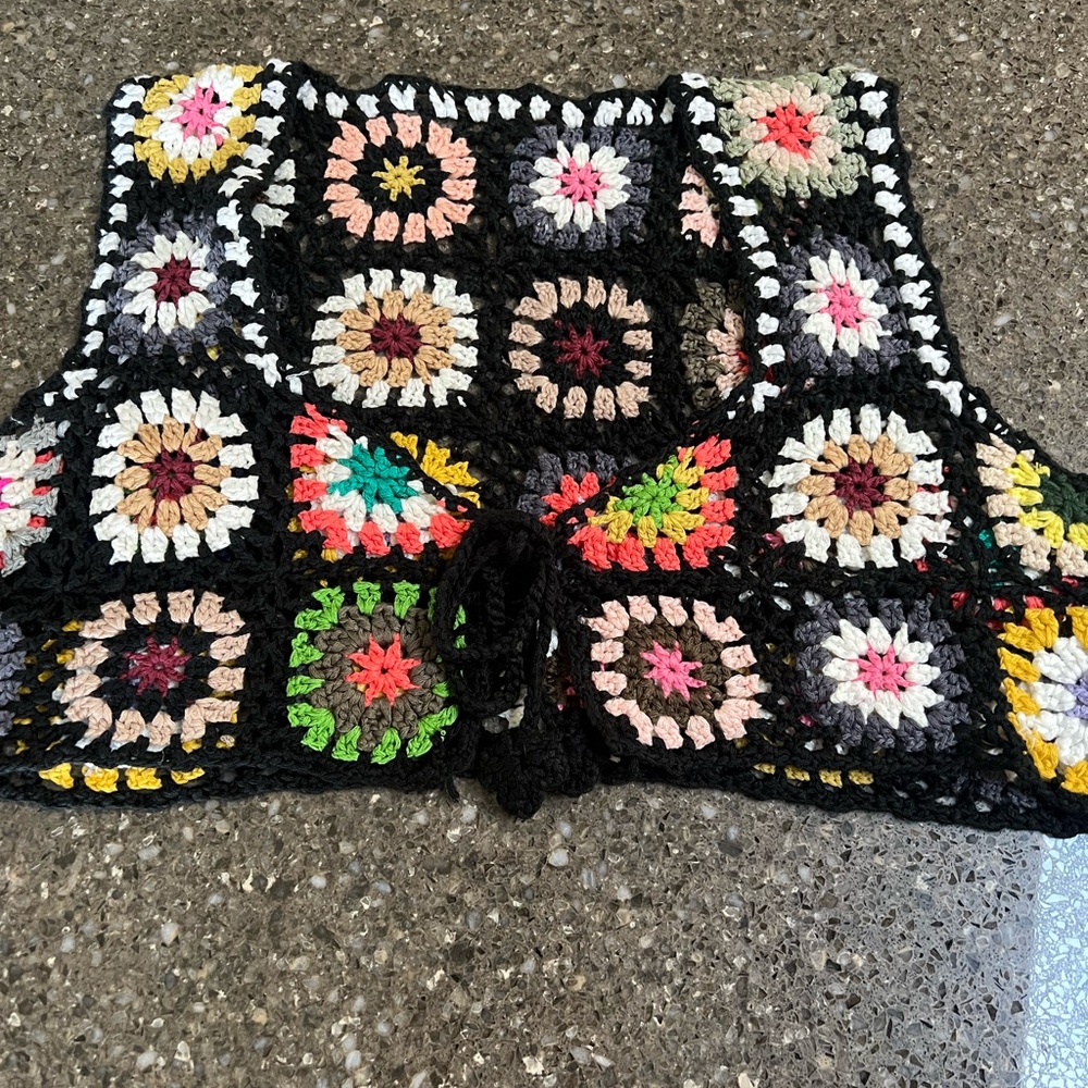Handmade Black Crochet Multicolor Square Crop Top